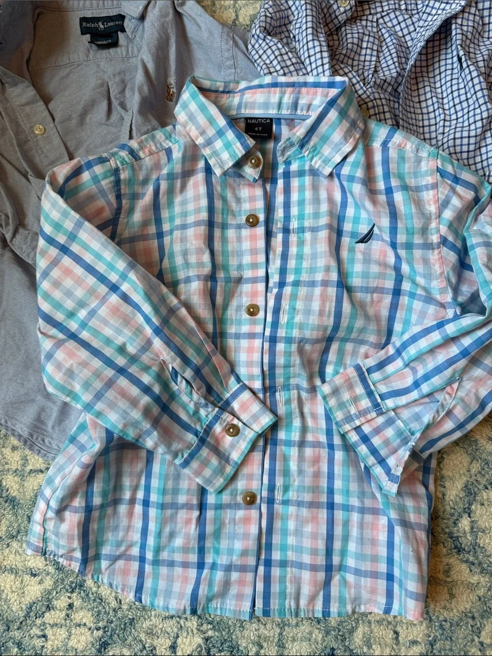 Ralph Lauren Polo (3) & Nautica (1) Plaid Button-Up Shirts in Blue Aqua Pink 4T